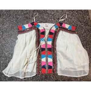 Venus Women XL Sequin Beaded Lace Up Boho Tank Top White Multi Color Embellished